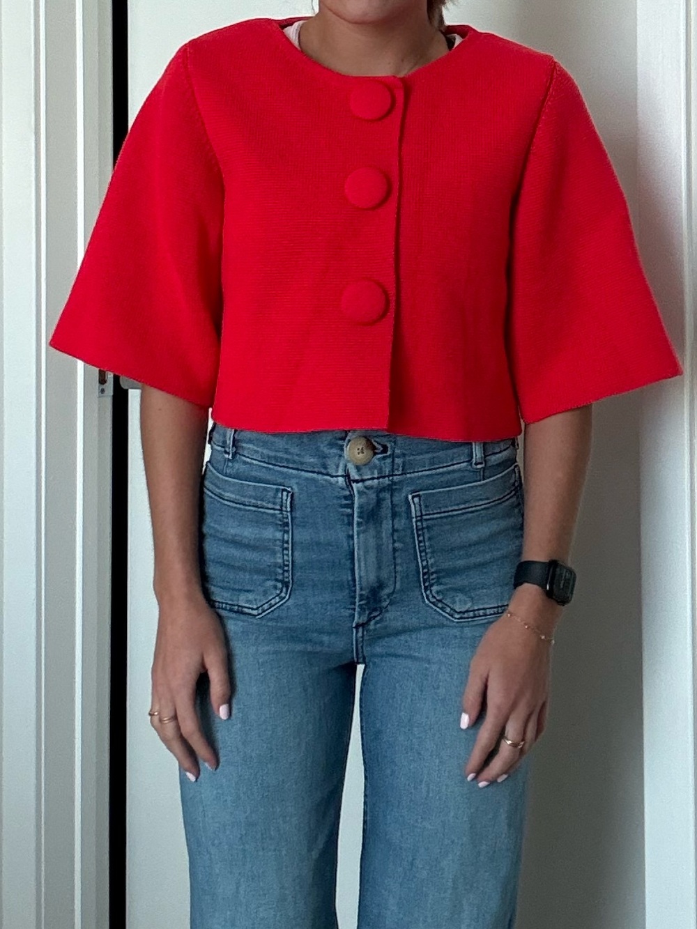 Zara Red Cropped Boxy Button Front Top